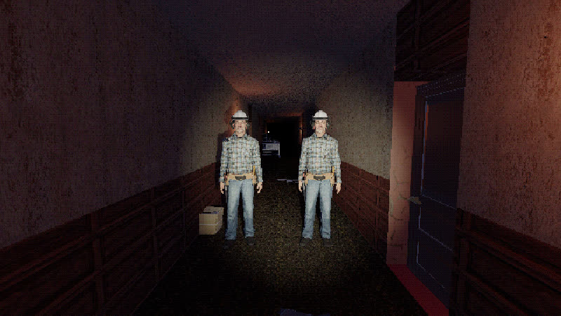 Two identical crew members in a dark corridor