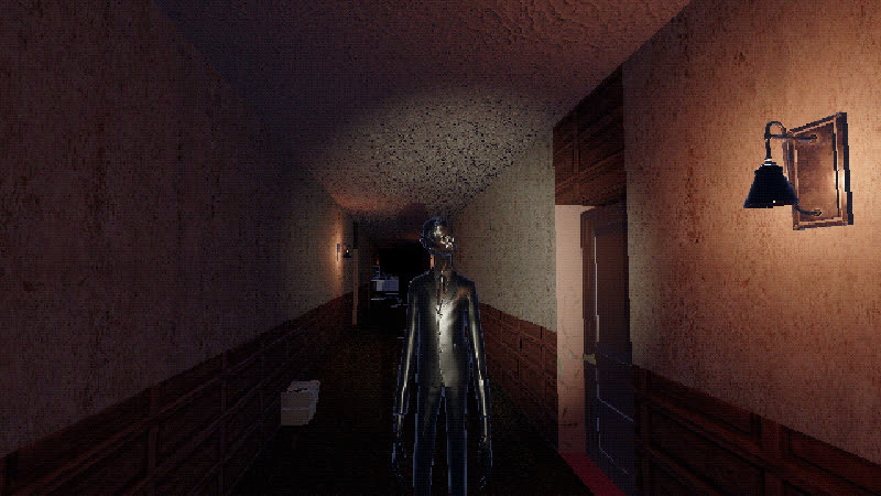 The Guest frozen mid-stride in a torch beam