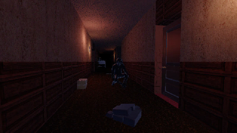 A hunched figure far down a dark corridor